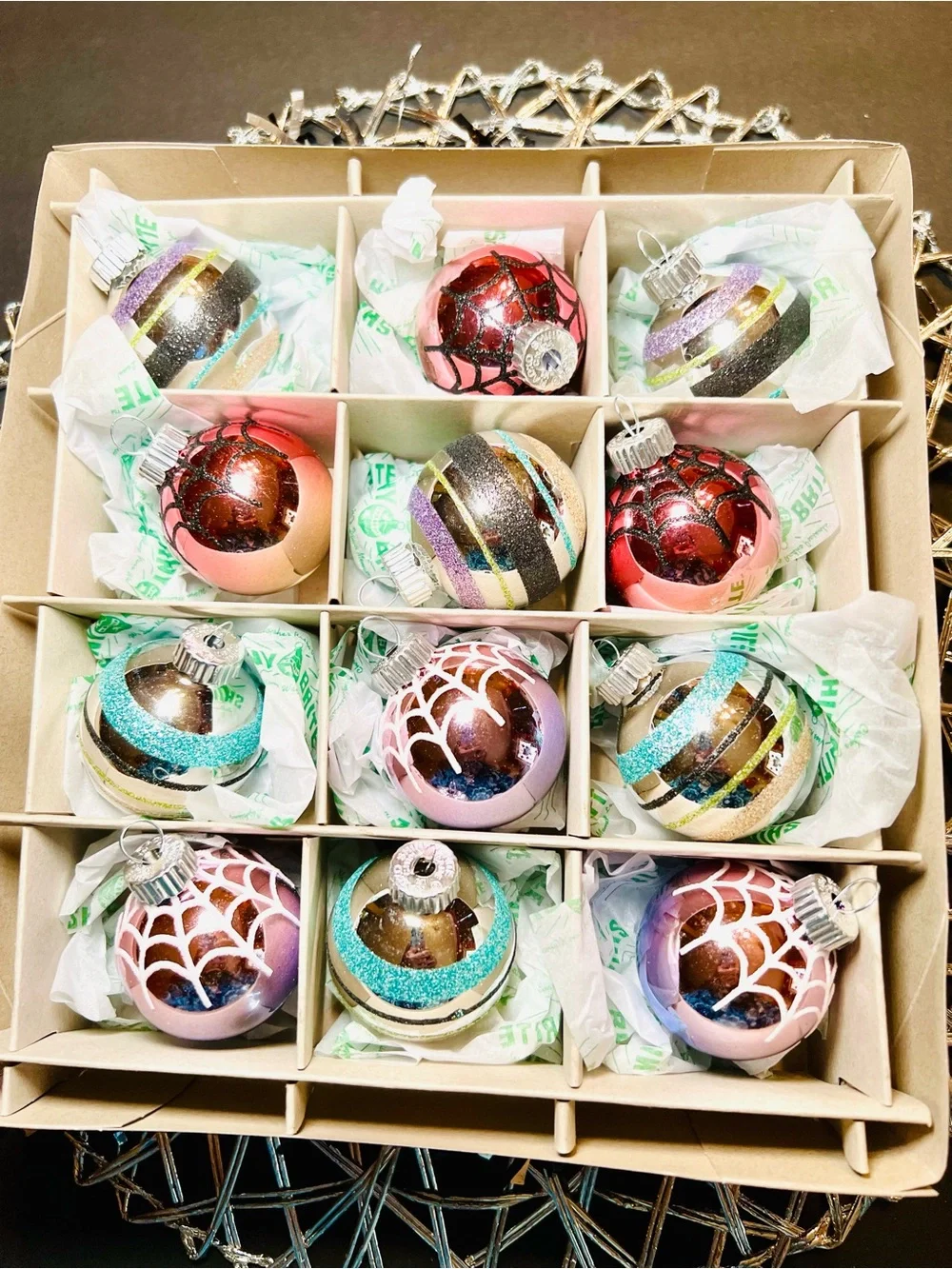 12 Radko Halloween Glass Ball Ornaments Glitter Stripes Pastel Pink Lilac Blue